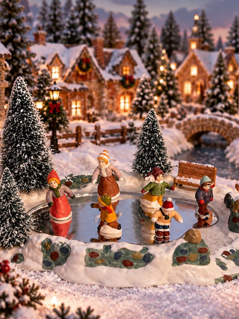 Vintage Zellers Porcelain Skating Pond Christmas Village Set + 6 Bonus Skaters*